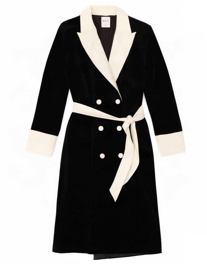 Motf Manteau croisé en velours pour femme UK 10 Small Noir Colourblock