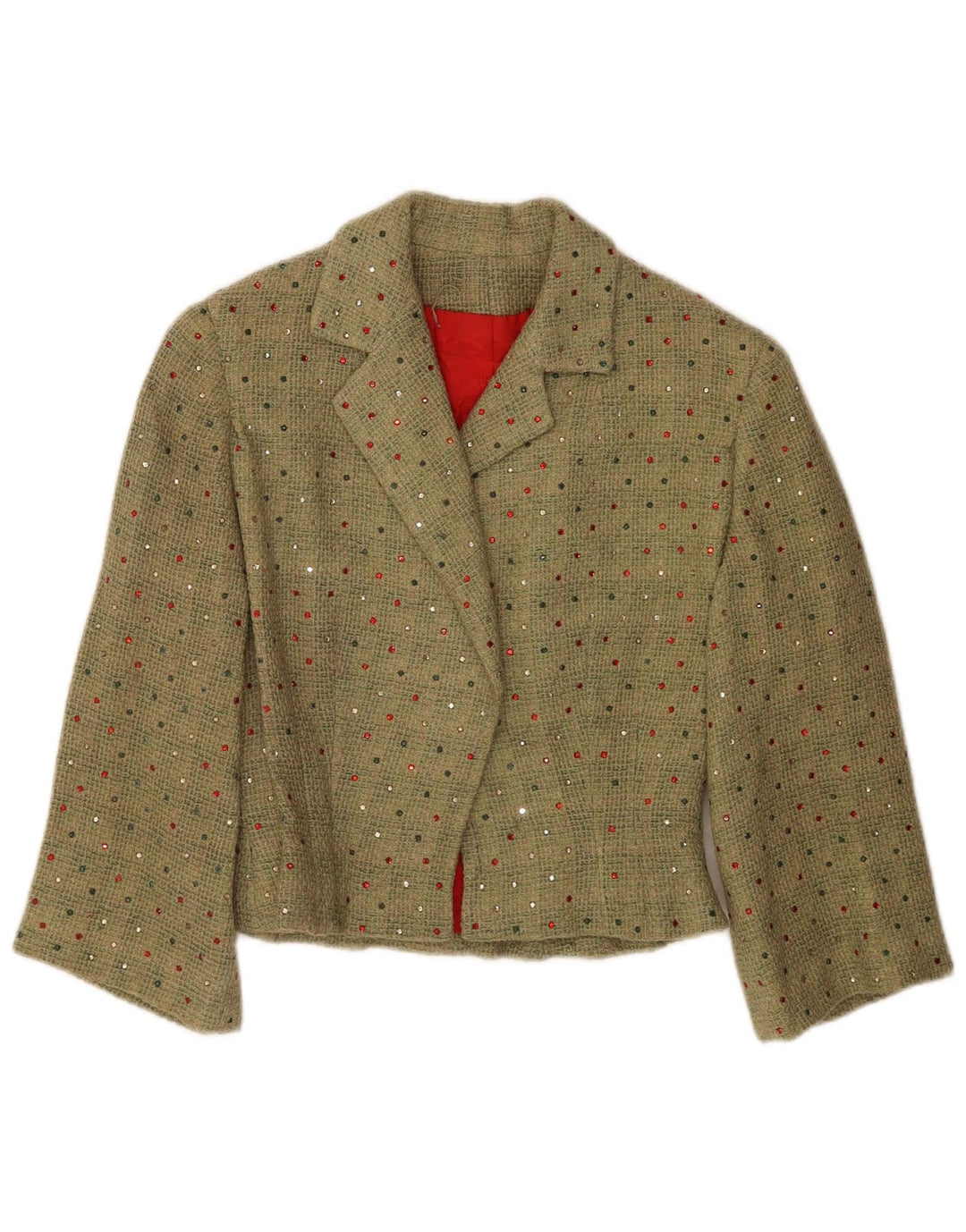 vintage Femmes Crop 3/4 Manches Blazer Veste UK 12 Vert Moyen Tacheté