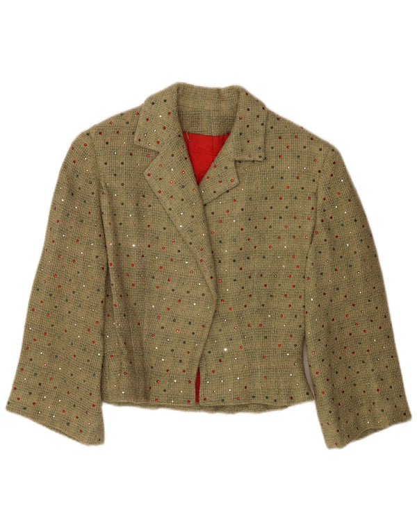 vintage Femmes Crop 3/4 Manches Blazer Veste UK 12 Vert Moyen Tacheté