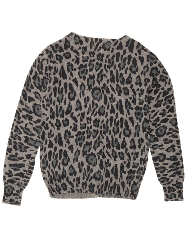 Zara Cardigan Femme Pull UK 12 Gris Moyen Imprimé Animal Coton