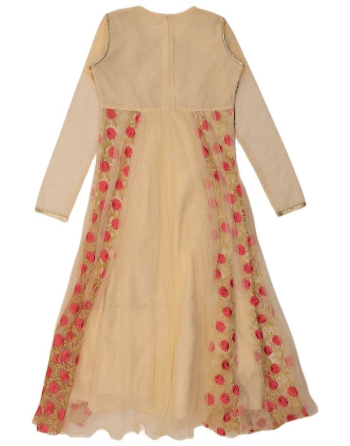 VINTAGE Robe trapèze à manches longues pour femmes US 6 Floral beige moyen