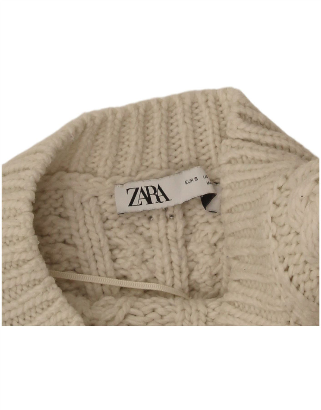 Zara Pull court à col rond pour femme UK 8 Petit Polyester Blanc cassé