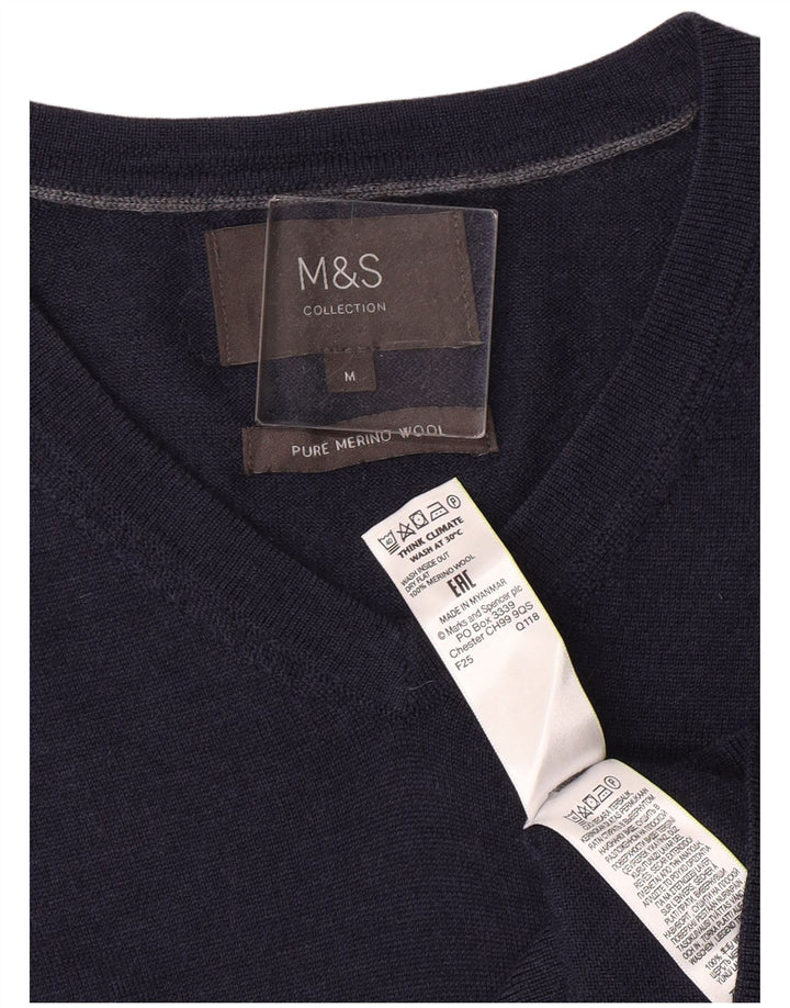 Marks & Spencer Pull col V pour homme en laine mérinos bleu marine moyen