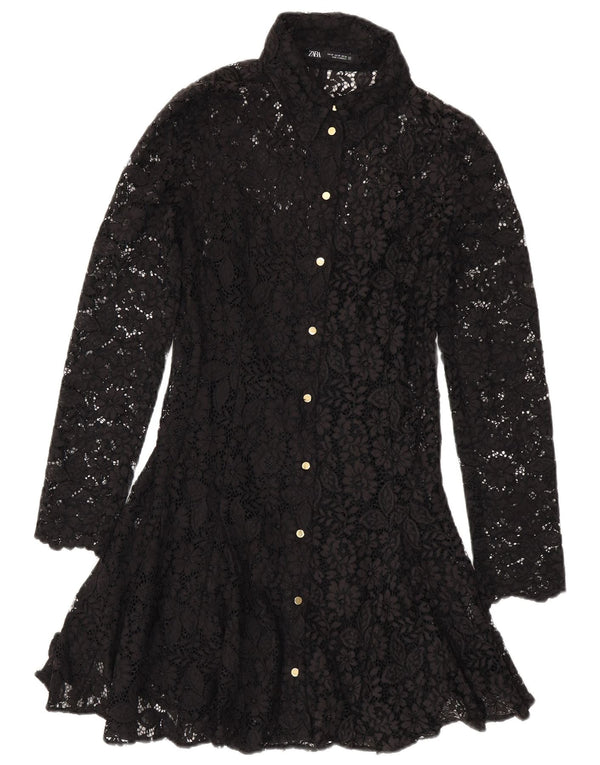 Zara Robe chemise en dentelle à manches longues pour femme UK 6 XS Nylon noir