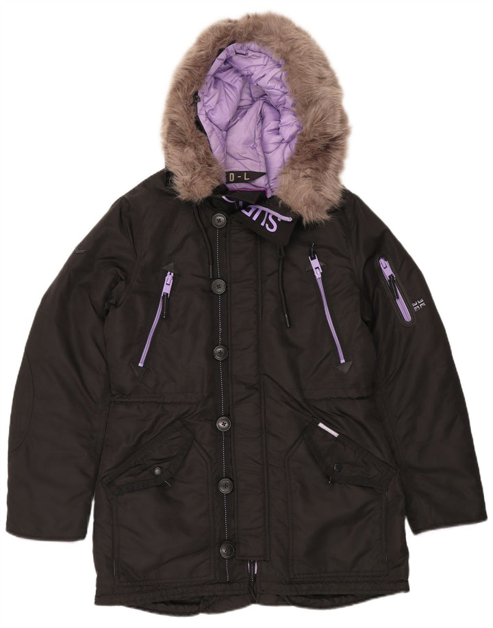 Superdry Veste Parka à Capuche Femme UK 16 Large Noir Nylon Hiver