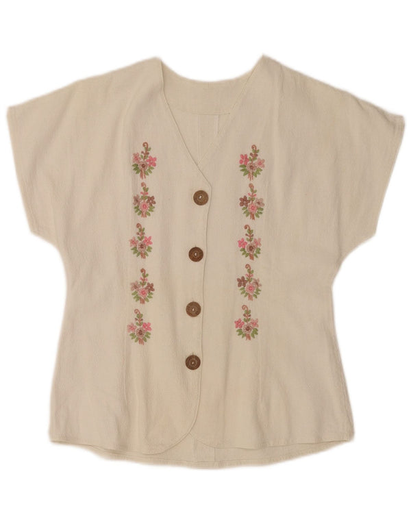 vintage Femmes Chemise à manches courtes Blouse UK 10 Petit Off White Floral