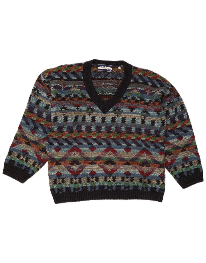 vintage Mens V-Col Jumper Pull Moyen Multicolore Géométrique Laine