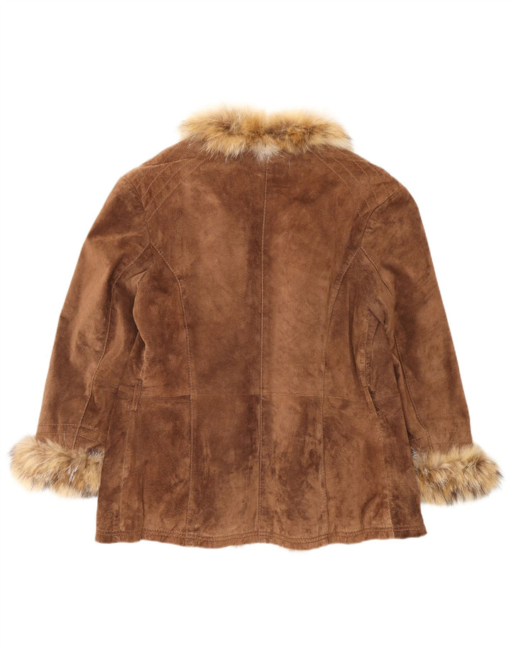 VINTAGE Veste en daim ouverte pour femme IT 46 Grand cuir marron