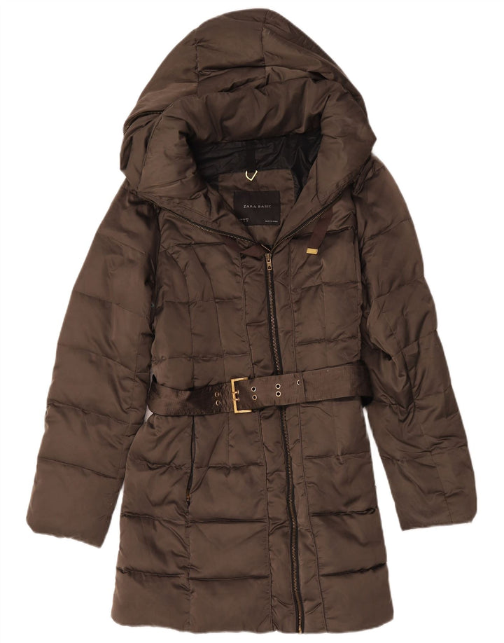Zara Manteau rembourré à capuche pour femme UK 16 Large Marron Polyester