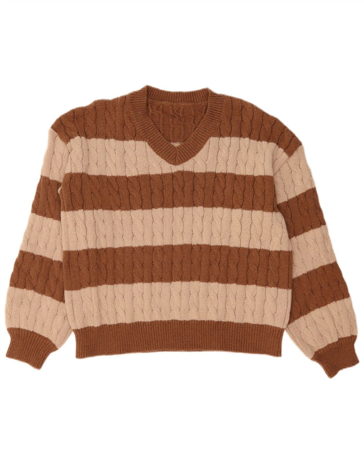 SHEIN Femme Pull Col V UK 14 Marron Moyen Colorblock