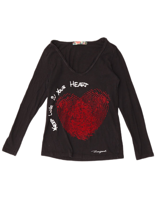 Desigual Haut graphique à manches longues pour femme UK 44 Grand cœur en coton noir