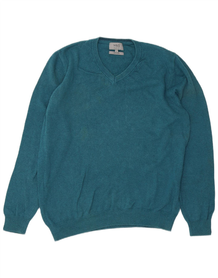 Marks & Spencer Pull col V pour homme en coton turquoise Taille L
