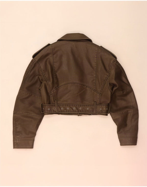 Zara Womens Crop Faux Leather Biker Jacket UK 10 Petit Kaki Polyéthylène