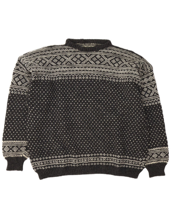 vintage Mens Crew Neck Jumper Pull 2XL Gris Fair Isle