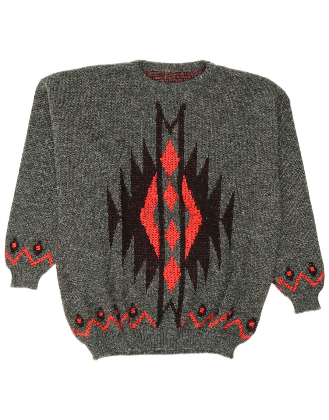 vintage Mens Crew Neck Jumper Pull Grand Gris Géométrique Polyacrylique