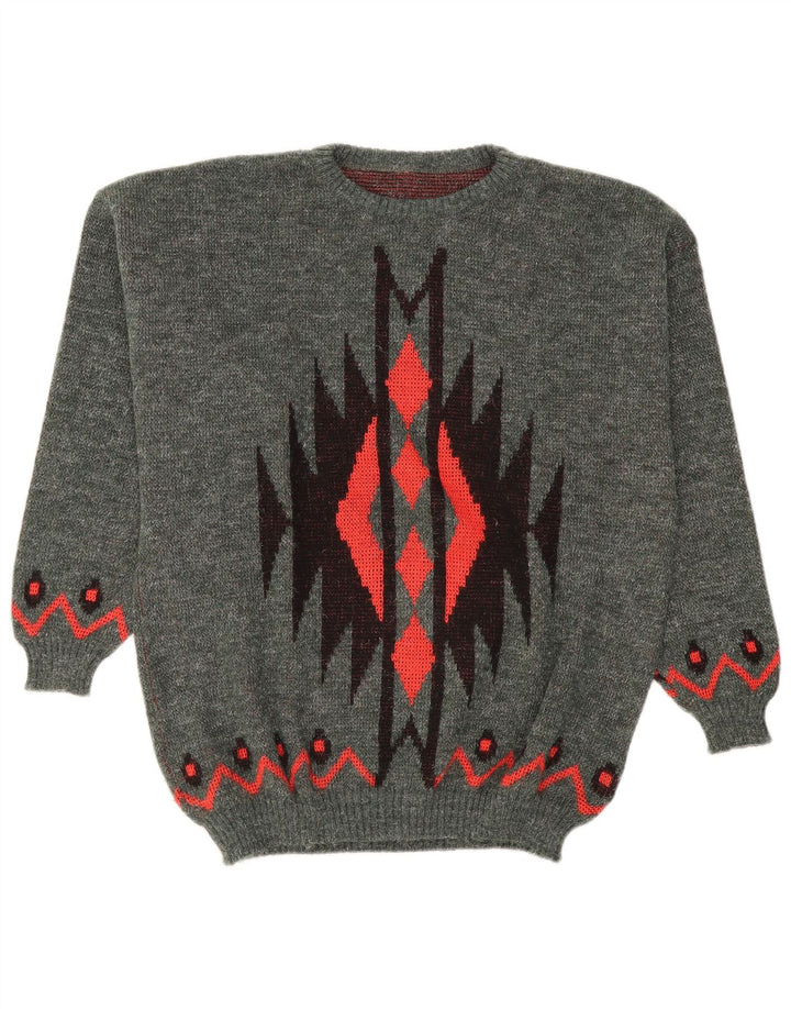 vintage Mens Crew Neck Jumper Pull Grand Gris Géométrique Polyacrylique