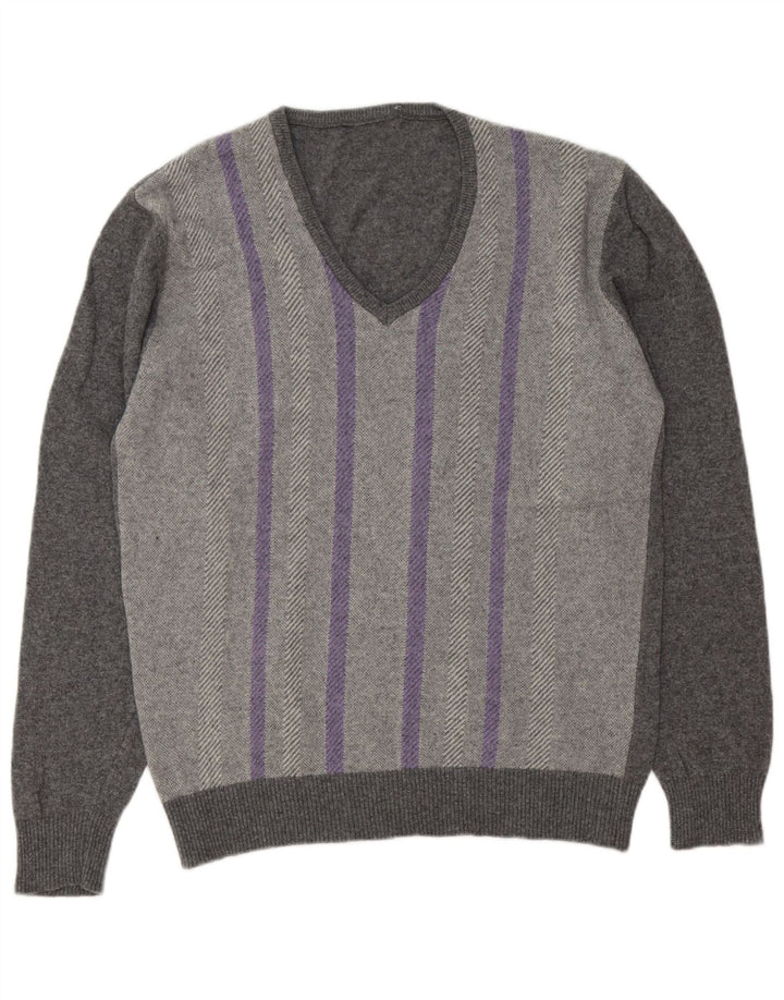 vintage Mens V-Col Jumper Pull Grand Gris Rayé
