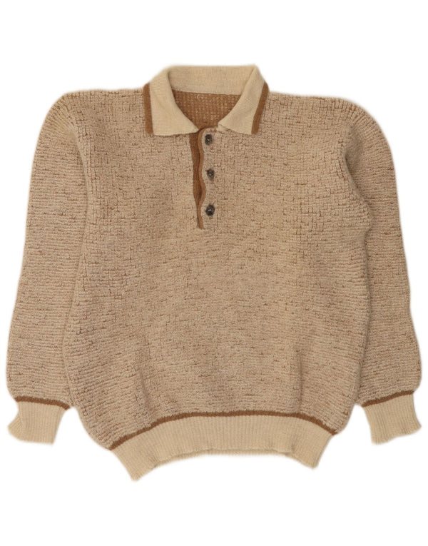 vintage Mens Polo Neck Jumper Pull Moyen Beige Moucheté Alpaga Laine