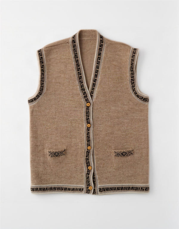 vintage Femmes Sans Manches Cardigan Pull UK 16 Grand Gris Géométrique