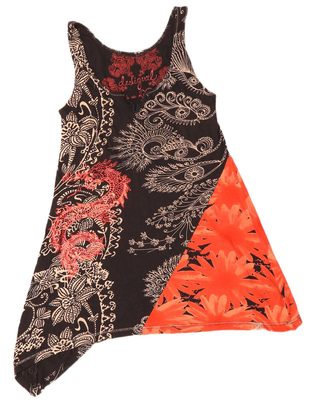 DESIGUAL Tunique asymétrique sans manches pour femme UK 10 Small Black Floral