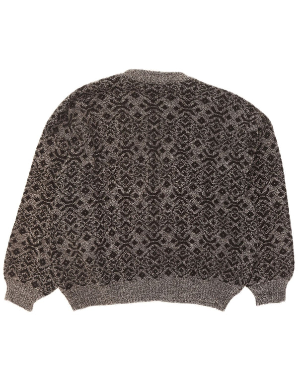 vintage Mens Cardigan Pull Grand Gris Géométrique