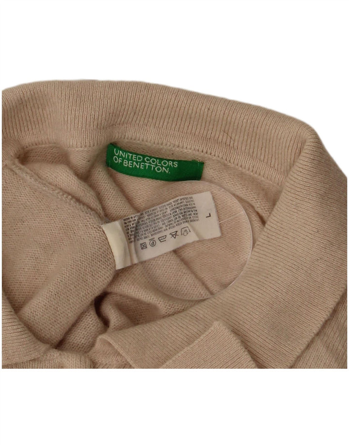 BENETTON Pull à col polo pour femme UK 16 Grande laine beige