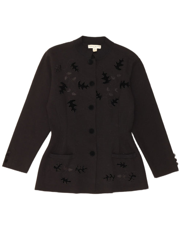 vintage Femmes 5 Bouton Blazer Veste UK 10 Petite Laine Vierge Florale Noire