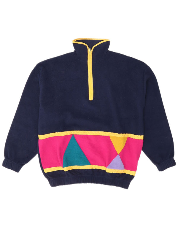 vintage Femmes Zip Neck Fleece Jumper UK 16 Grand Bleu Marine Géométrique
