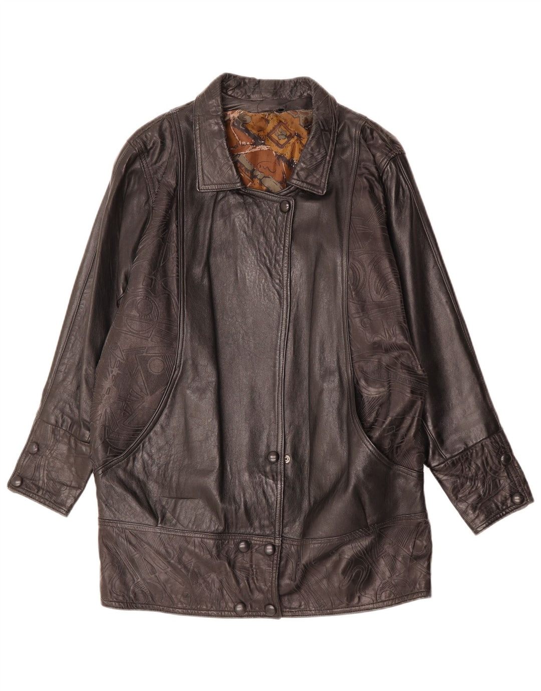 manteau en cuir femme vintage UK 14 Grand cuir géométrique noir