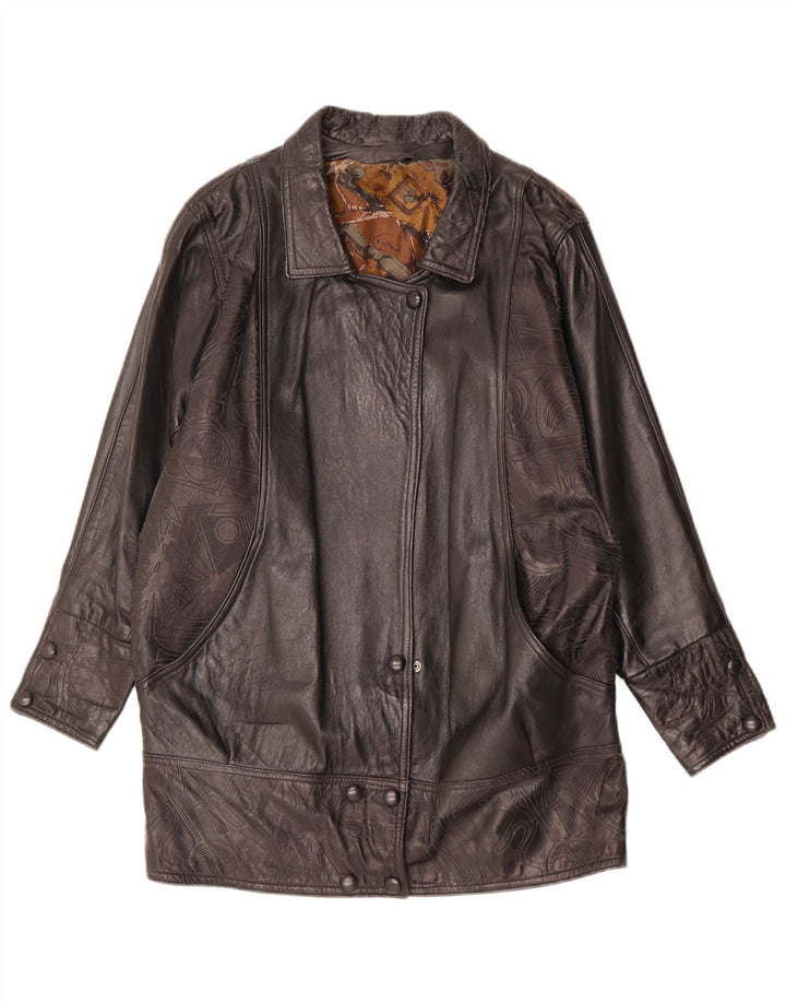 manteau en cuir femme vintage UK 14 Grand cuir géométrique noir