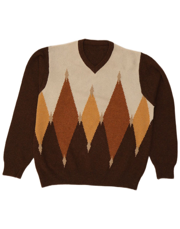 vintage Mens V-Col Jumper Pull Grand Marron Argyle/Diamant