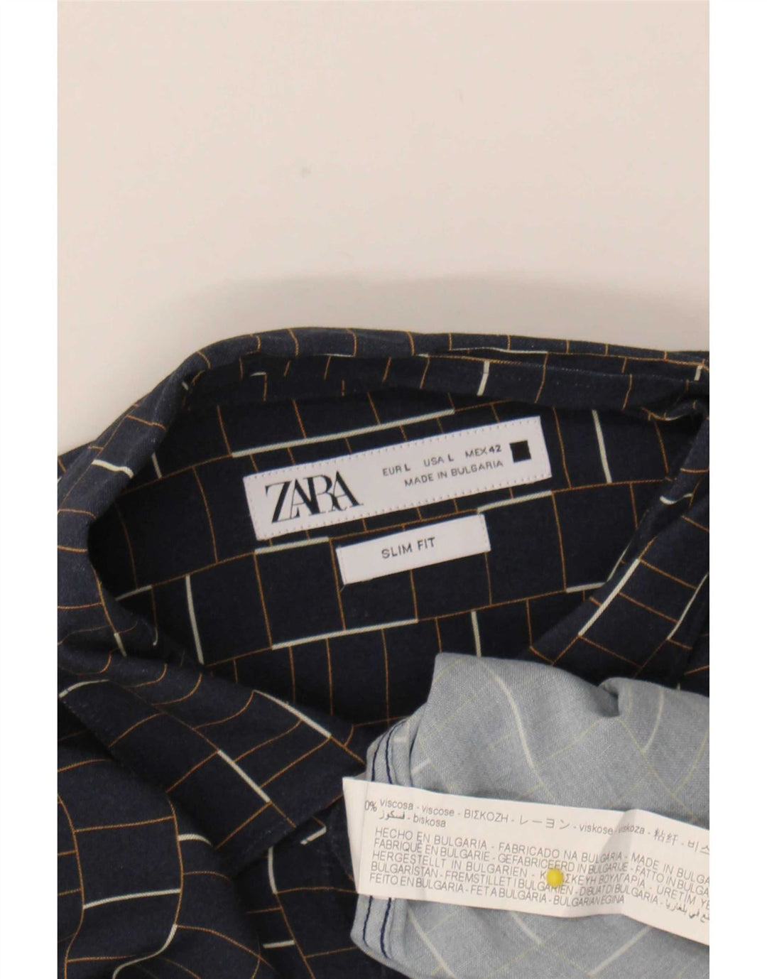 Zara Chemise Slim Fit Grand Carreaux Bleu Marine Viscose