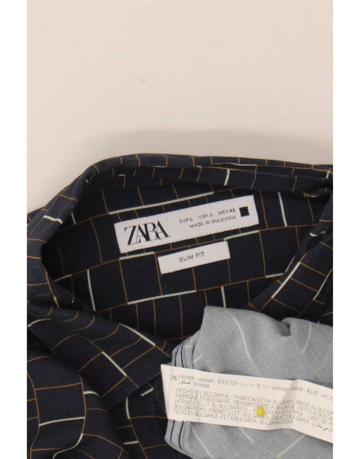 Zara Chemise Slim Fit Grand Carreaux Bleu Marine Viscose