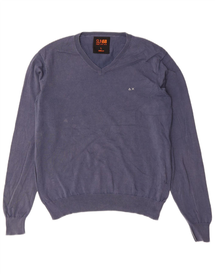 Sun68 Pull col V pour homme en coton bleu Taille L