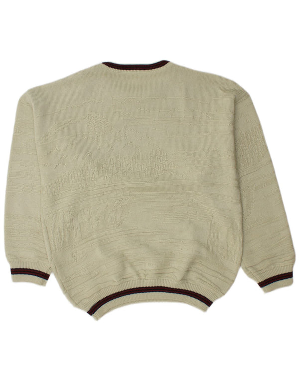 vintage Mens Graphic Crew Neck Jumper Pull UK 46/48 2XL Beige Acrylique