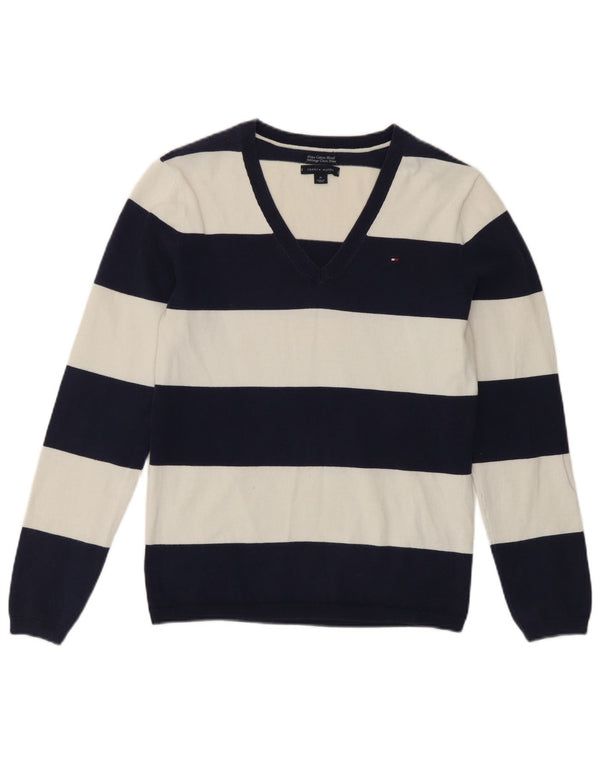 Tommy Hilfiger Pull col V pour femme UK 12 Bleu marine moyen rayé