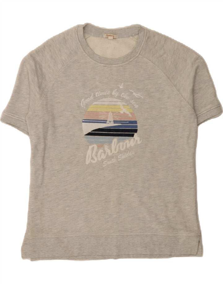 BARBOUR Womens Graphic Short Sleeve Sweatshirt Jumper UK 12 Medium Grey Vintage Barbour and Second-Hand Barbour from Messina Hembry 