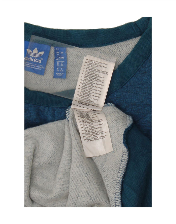 ADIDAS Womens Graphic Sweatshirt Jumper UK 12 Medium Blue Cotton Vintage Adidas and Second-Hand Adidas from Messina Hembry 