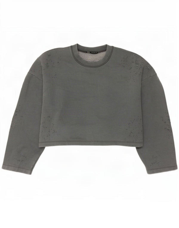 Zara Womens Crop Oversize Sweatshirt Jumper UK 14 Gris Moyen Coton
