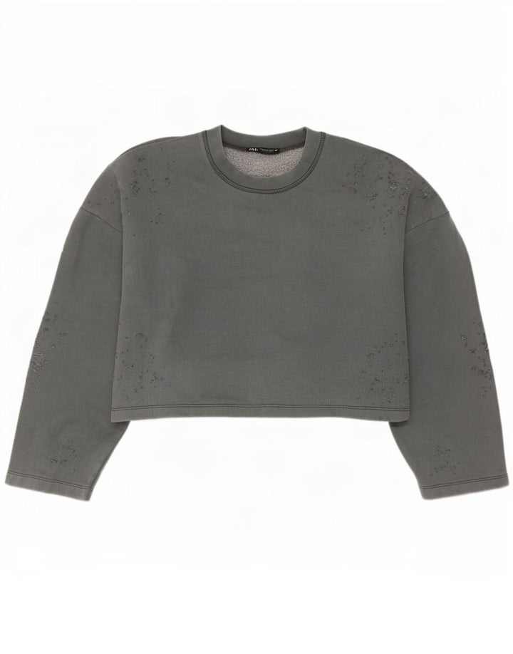 Zara Womens Crop Oversize Sweatshirt Jumper UK 14 Gris Moyen Coton
