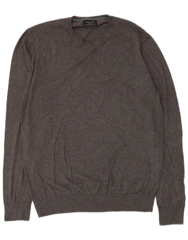 Zara Pull à col rond pour homme en coton gris Large