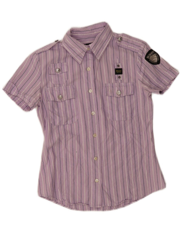 BLAUER Chemise militaire à manches courtes pour femme UK 12 Rayé violet moyen
