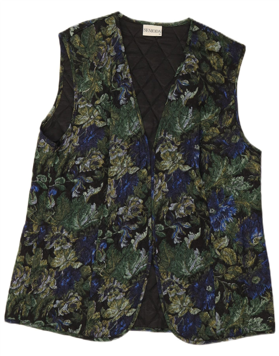 VINTAGE Femme Gilet matelassé ouvert EU 42 Grande Viscose Florale Noire
