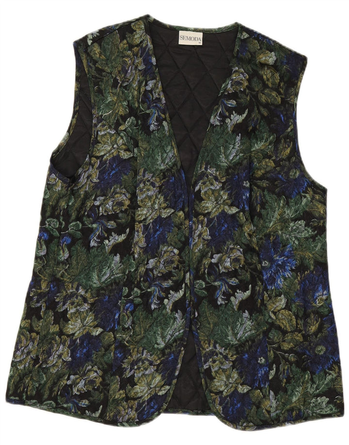 VINTAGE Femme Gilet matelassé ouvert EU 42 Grande Viscose Florale Noire