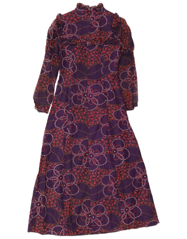 vintage Femme Manches Longues Maxi Robe EU 38 Moyen Violet Floral