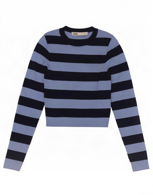Zara Womens Crop Top Manches Longues UK 8 Petit Bleu Rayé