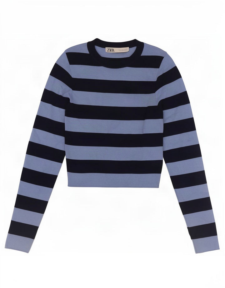 Zara Womens Crop Top Manches Longues UK 8 Petit Bleu Rayé