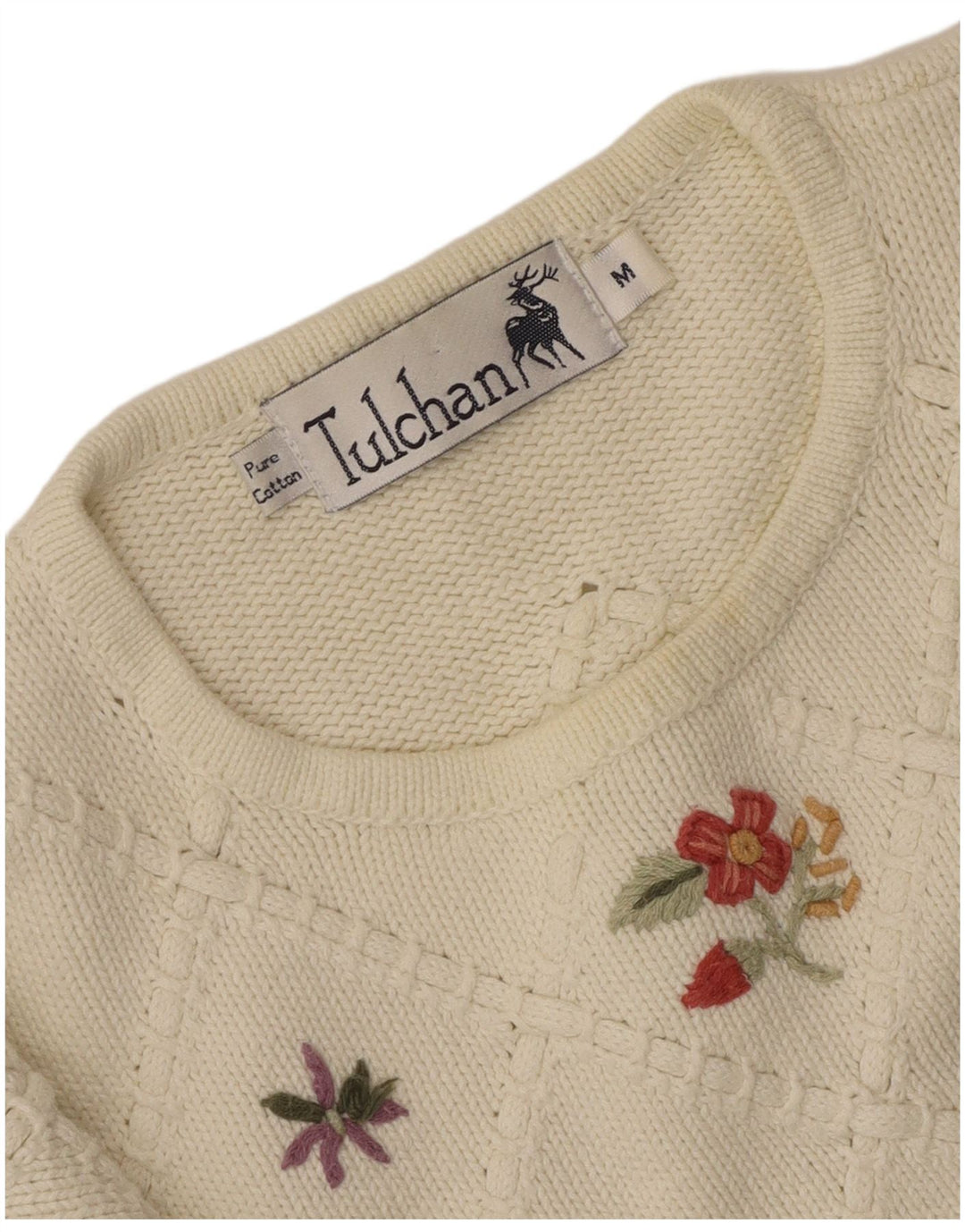 TULCHAN Pull à col rond pour femme UK 14 en coton floral blanc moyen