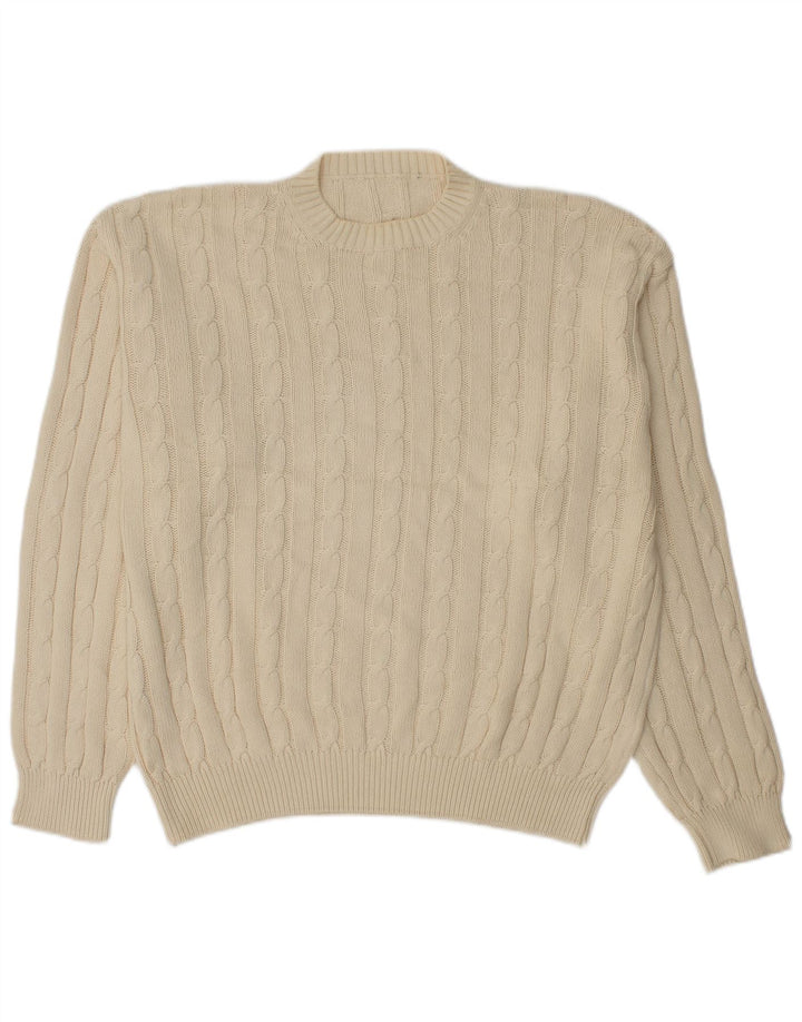 vintage Mens Crew Neck Jumper Pull Moyen Off White Cotton
