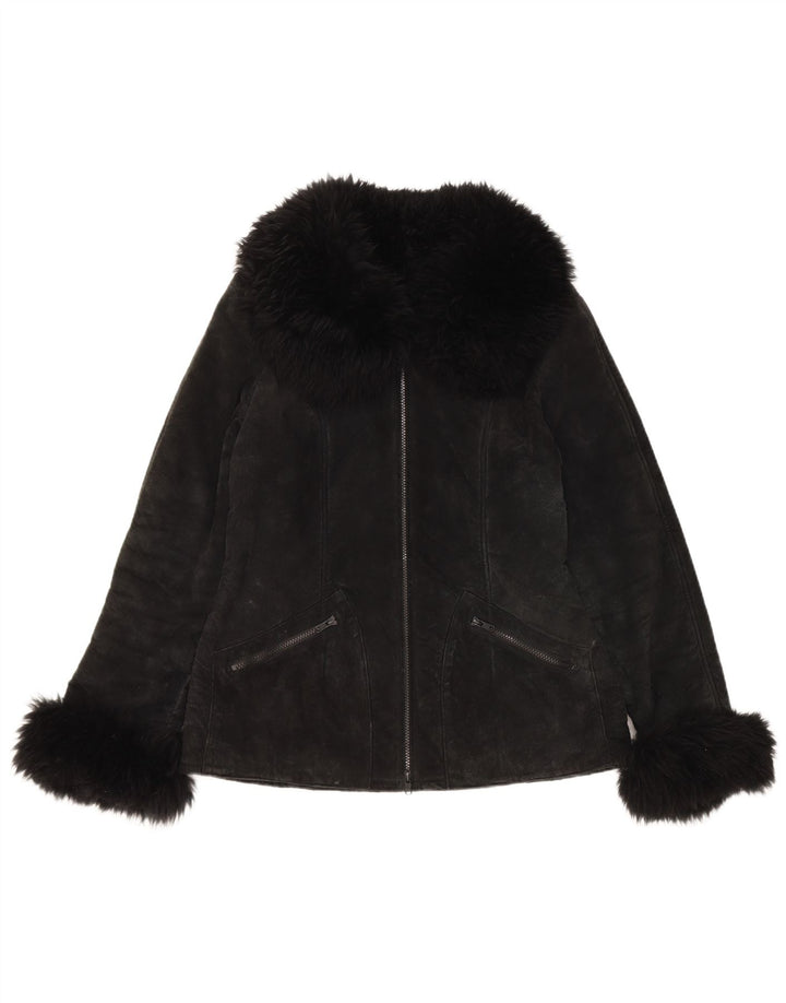 vintage Femme Sherpa Suède Veste UK 10 Petit Cuir Noir